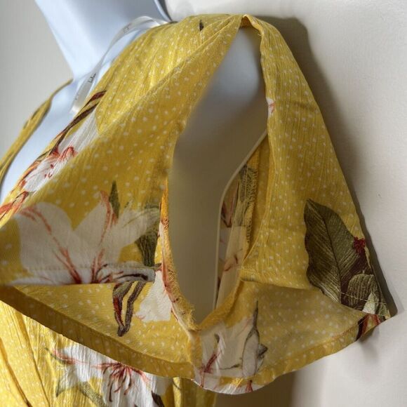 Lulus Wrap Dress Womens XS Floral Maxi Yellow Tropical Print Slit Short Sleeve - Picture 10 of 11